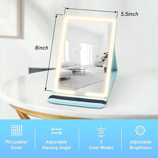 Travel Mirror with LED Lights - 8x5.5inch Lighted Makeup Mirror 3 Color Modes, Portable Vanity Mirror with Light of PU Leather, Desktop Cosmetic Light Up Mirror, Travel Accessories for Women