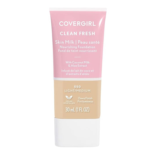 COVERGIRL Clean Fresh Nourishing Skin Tint, 550 Light/Medium, Liquid Foundation, Dewy Finish, Infused with Coconut & Aloe, Vegan Formula