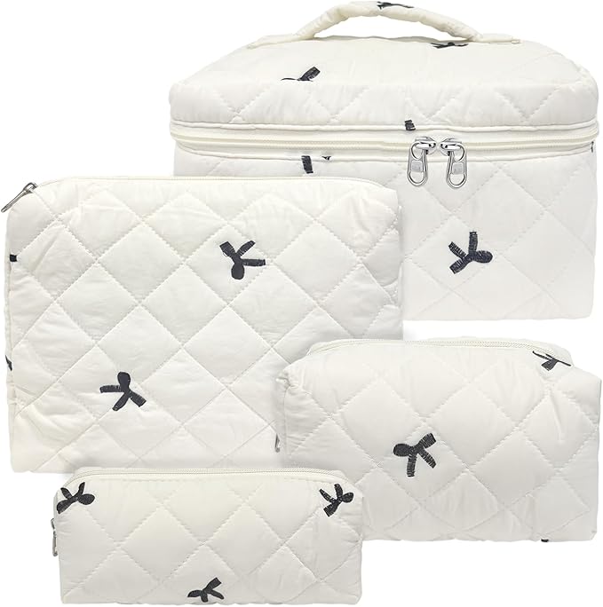 4 Piece Cute Bow Embroidered Quilted Makeup Bag Set, Large Capacity Travel Makeup Bags for Women and Girls, Includes Small, Small-Medium,Medium, and Extra Large aesthetic makeup&Cosmetic Bags
