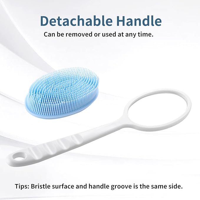2-in-1 Silicone Body Brush with Detachable Long Handle, Double-Sided Back Scrubber for Bath with Hook, Rich Foam for Deep Cleansing and Exfoliating(Blue/Round)