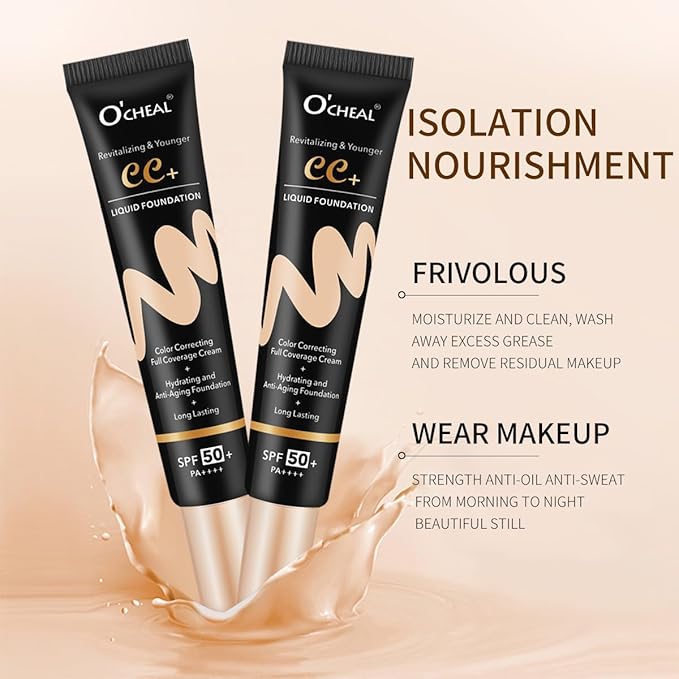 O'CHEAL CC Cream with SPF 50+, Hydrating Color Correcting Cream Full Coverage Lightweight Powder Foundation, Waterproof Long Lasting Pre-makeup Primer Facial Concealer Refine Skin Texture (Ivory)