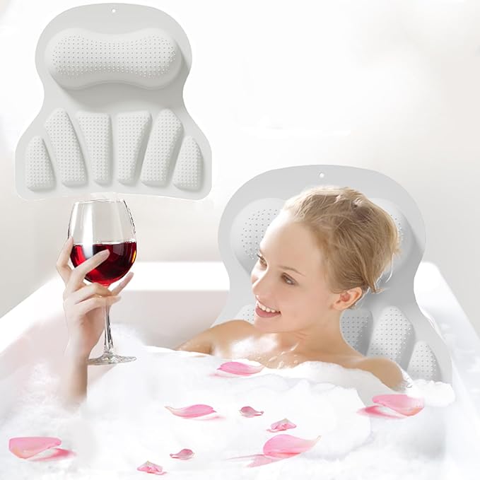 Bath Silicone Pillow Luxury Bathtub Pillow with Non-Slip Suction Cup (White)