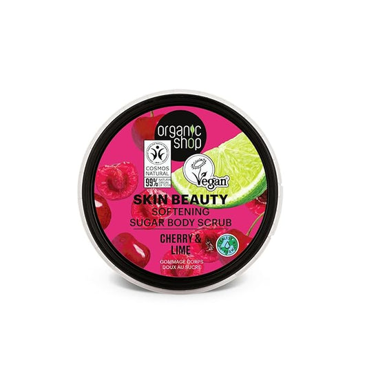 Cherry & Lime, Sugar Softening & Exfoliating Body Scrub, 100% Vegan & Organic, Daily Exfoliant, Detox & Moisturizer, Body, Face, Hand & Foot, Intensive Care & Skin Toning. 250ml.