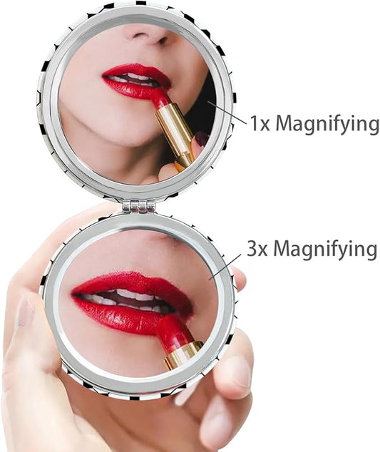 Cheap Small Compact Mirror, Round 2.8” Metal Frame PU ClothLines Style Double Sided Mini Magnifying 1X/3X Mirror for Purse Compact Travel Mirror (ClothLines03)
