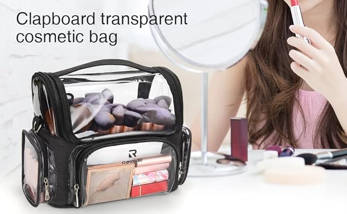 Makeup Brush Case, Large Makeup Brush Holder Professional Makeup Artist Travel Case Clear Waterproof Cosmetic Organizer Bag, Full Open Easy to Access, with Adjustable Strap and Dividers