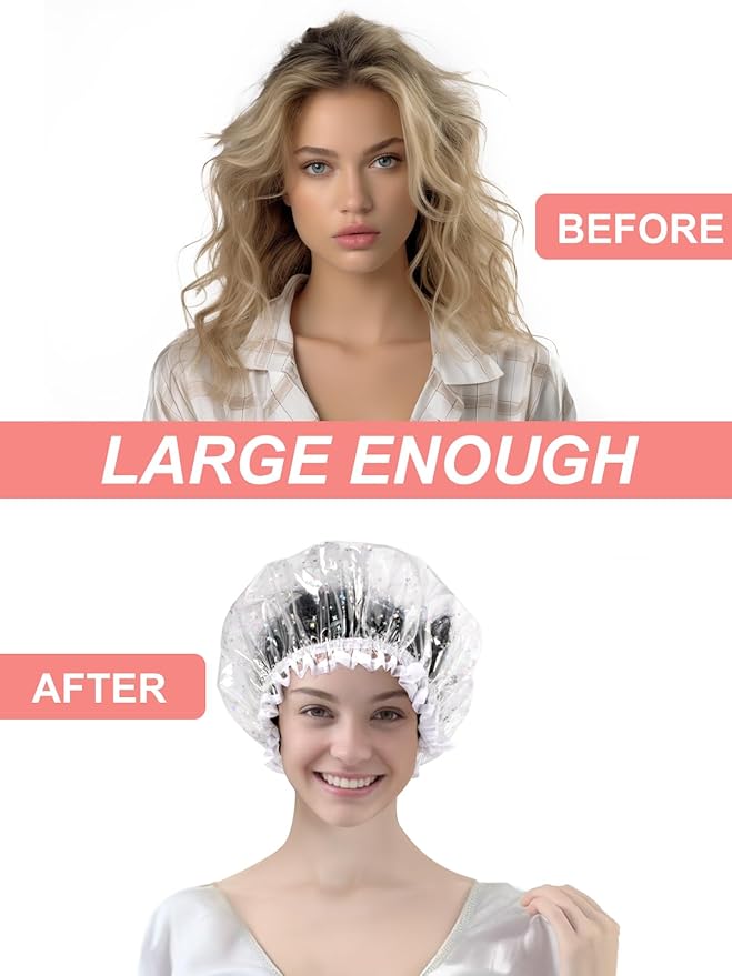 Auban Luxury Shower Cap Reusable Waterproof for Women Sequin Lined Hair Cap for Shower Plastic Cap for Long Hair Large Double Layer Bath Cap Travel Essential & Cleaning Supplies