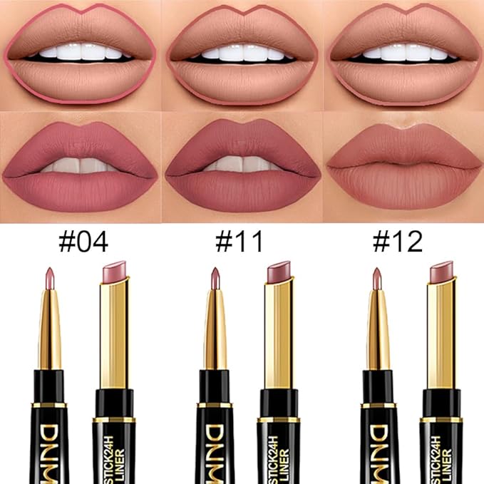 BINGBRUSH 2 IN 1 Lip Liner & Lipstick Makeup Set, Dark Red Matte Metallic Lipliner Set for Black Mature Women Waterproof Long Lasting Gift Set (3Pcs Set01-Matte:04#11#12#, 3Pcs)