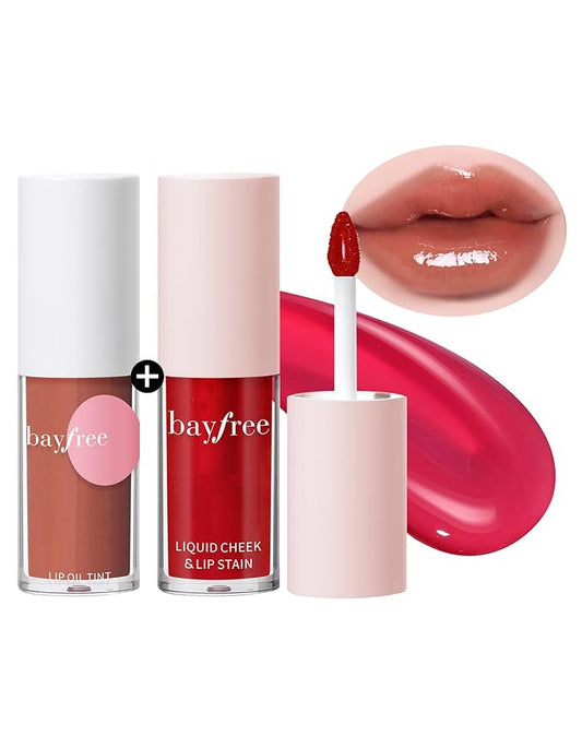 Tinted Lip Oil & Lip Stain Set, Korean Makeup, Smudge-Proof,Long-Wearing, 2-in-1 Cheek and Lip Tint with Moisturizing, High-Shine, Lightweight & Non-Sticky for Dry Lips, Cruelty-Free & Vegan