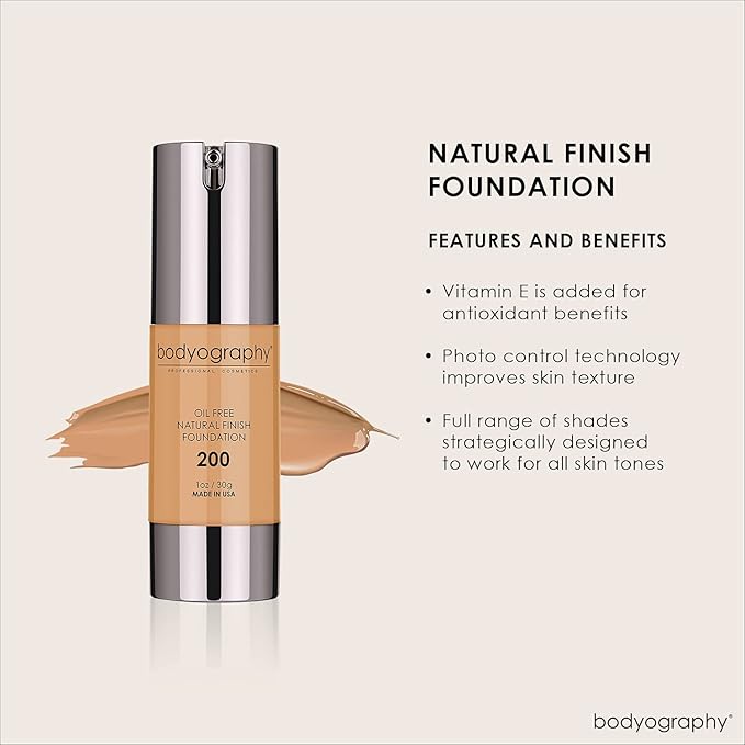 BODYOGRAPHY - NATURAL FINISH Foundation (Med/Dark#200): Oil-Free Anti-Aging Salon Natural Finish w/ Vitamin E, C, Antioxidants | Vegan, Gluten-Free, Paraben-Free