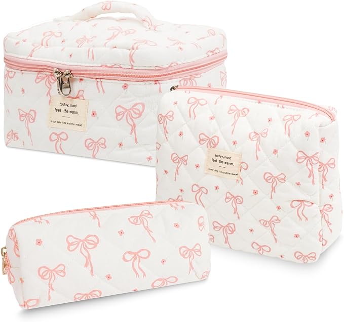 3Pcs Cotton Quilted Makeup Bag Set,Large Floral Cosmetic Bag,Aesthetic Toiletry Travel Makeup Bag Set and Cute Flower Bag for Women Girls (Flower Bow)