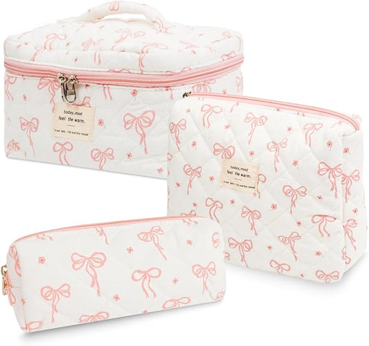 3Pcs Cotton Quilted Makeup Bag Set,Large Floral Cosmetic Bag,Aesthetic Toiletry Travel Makeup Bag Set and Cute Flower Bag for Women Girls (Flower Bow)