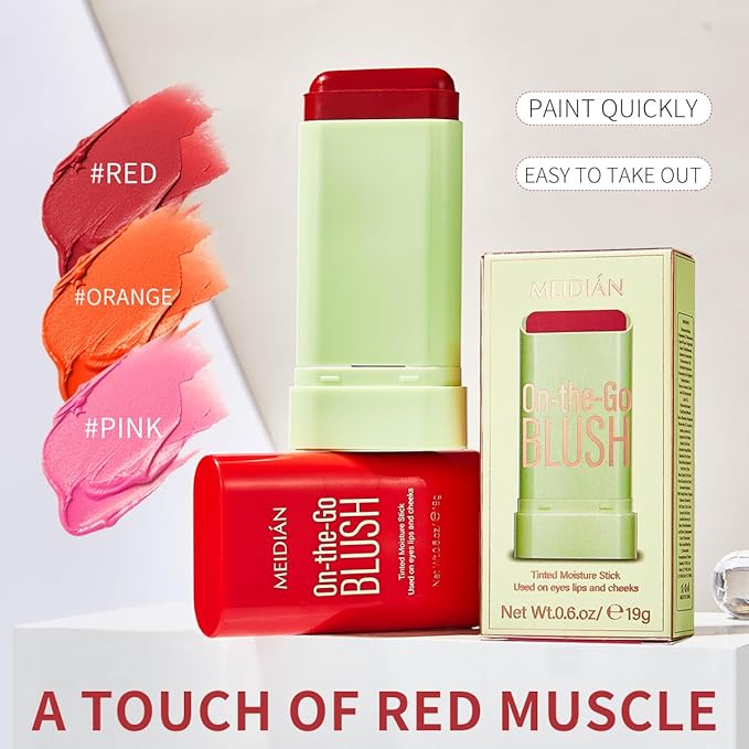 Multi-Use Blush Stick,Cream Contour Stick, for Sculpt the Cheeks, Waterproof Natural Nude Makeup,Tinted Solid Moisturizer Stick for Eyes Lips Cheek (Red, 0.6.oz)