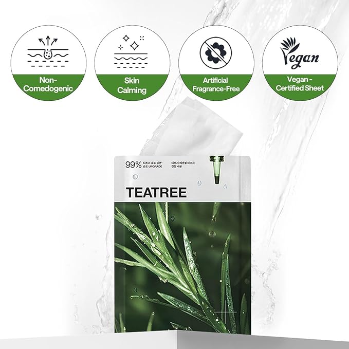 Mediheal Teatree Essential Sheet Mask Calming Moisture 10 pcs. 99% Pure Teatree & Teatree 7X for intensive soothing and hydration. Suitable for acne-prone skin. Vegan formula.