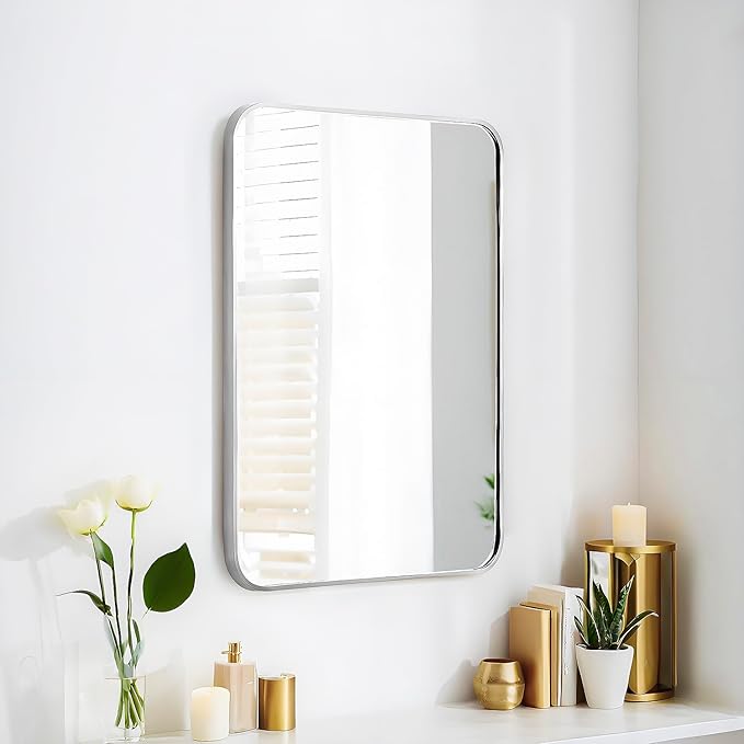 16x24 Rectangle Mirror Full Length Wall Mounted Hanging or Against Wall Metal Frame Dressing Make-up Mirrors for Entryway Bedroom Bathroom Living Room 16 24 inch Silver