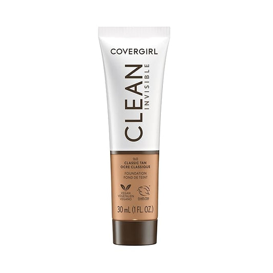 COVERGIRL Clean Invisible Foundation Makeup, Dewy & Glowy Natural Finish, Buildable Coverage, Skin-Like Smooth Look, Vegan, Classic Tan, 1oz