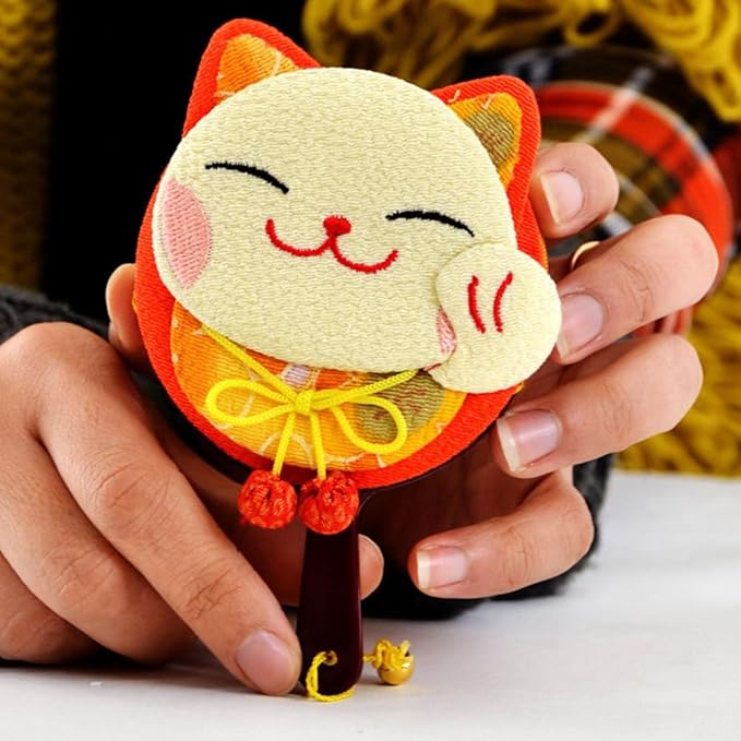 HEALLILY Pocket Hand Mirror - Maneki Neko Japanese Lucky Cat Design - Lightweight & Portable Travel Makeup Mirror - Double Sided - Random Color