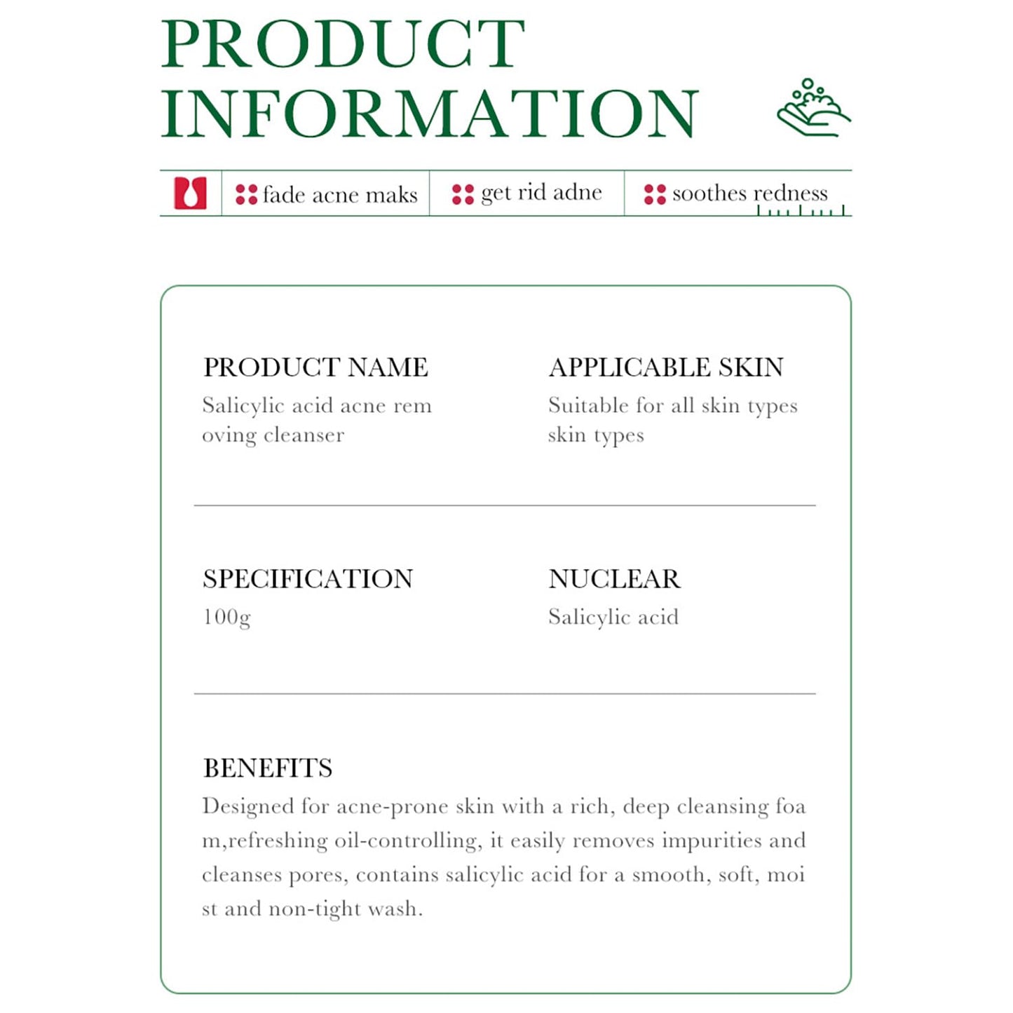 BIOAQUA Salicylic Acid Acne Marks Removal Deep Foam Cleanser Shrink Pores Soothing Oil Control 100g / 3.52fl.oz