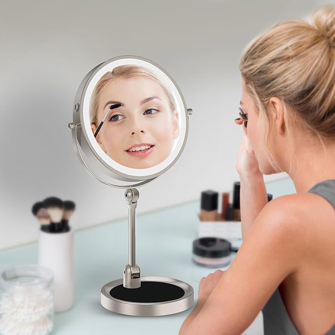 9" Large Lighted Makeup Mirror with 1X/10X Magnification, 4000mAh Rechargeable Vanity Mirror with Height Adjustable & 3 Color Dimmable Lights, 360°Swivel Double Sided Tabletop Cosmetic Mirror