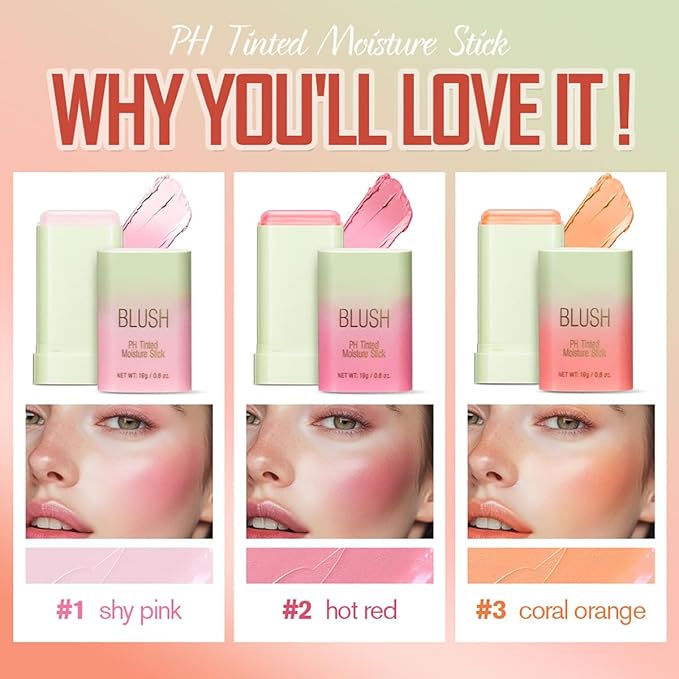 PH Tinted Moisture Stick, Multi-Use Cream Color Changing Blush, 3-in-1 Blush Stick for Cheek/Eyes/Lips, Waterproof Hydrating Tinted Solid Makeup Products (3#coral orange)