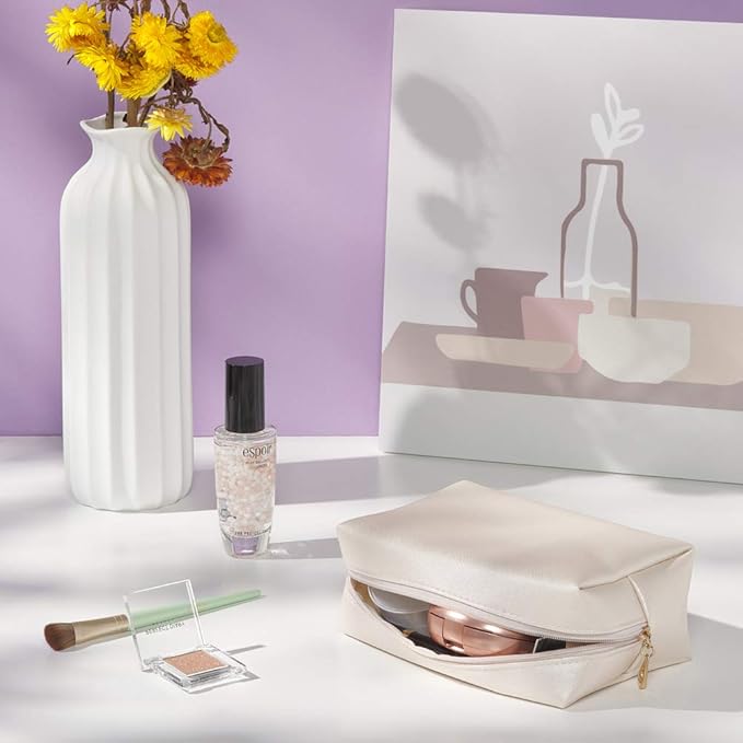2pcc set PU Leather Cosmetic Bag for Women Minimalism Makeup Bag for Daily Use Portable Storage Purse Small Neat Cosmetic Pouch Water-resistant Toiletry Bag for Travel (Ivory White)
