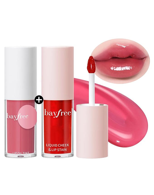 Tinted Lip Oil & Lip Stain Set, Korean Makeup, Smudge-Proof,Long-Wearing, 2-in-1 Cheek and Lip Tint with Moisturizing, High-Shine, Lightweight & Non-Sticky for Dry Lips, Cruelty-Free & Vegan