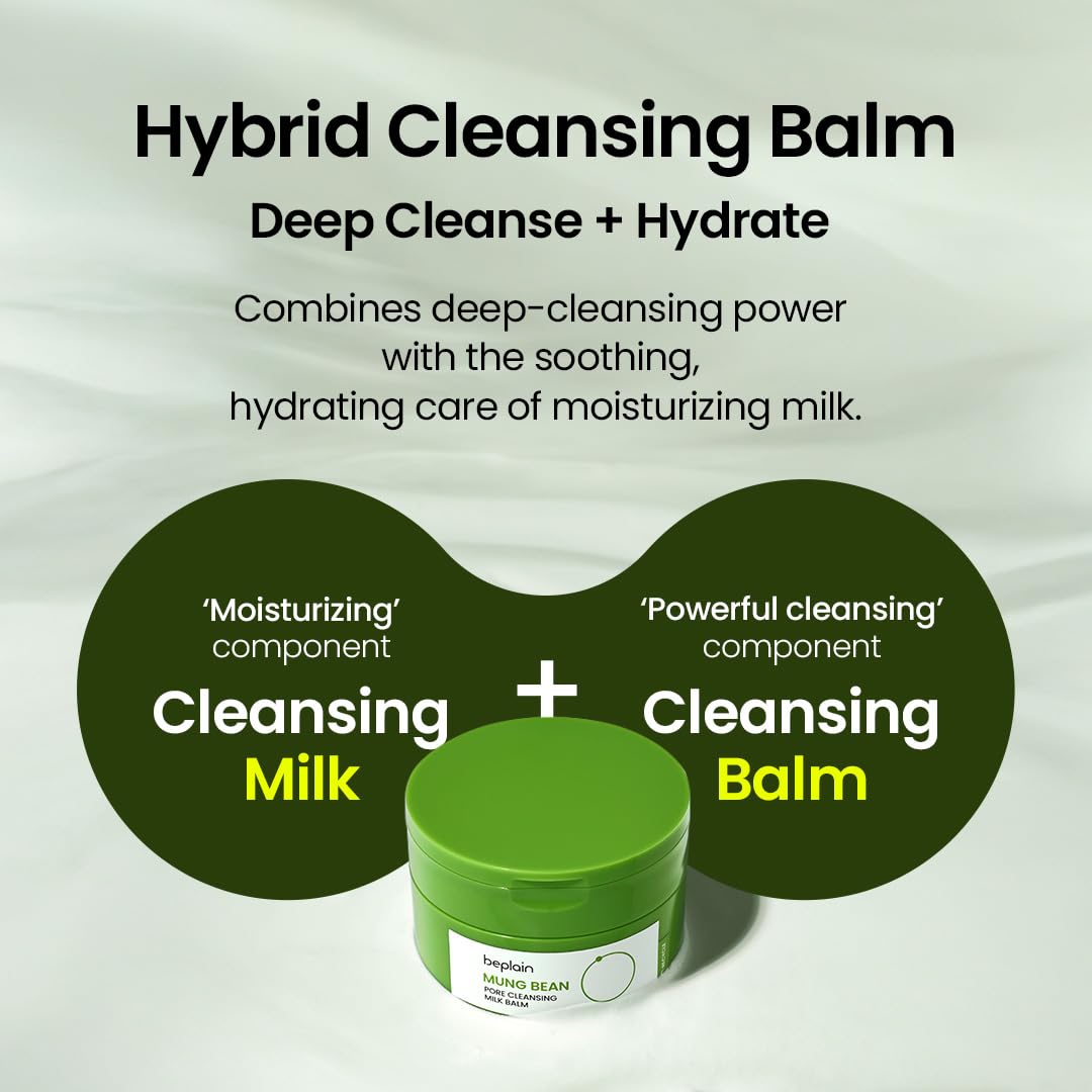beplain Mung Bean Pore Cleansing Milk Balm (3.38 fl.oz/100ml) | Fragrance-Free | Korean Makeup Remover for Sensitive Skin | Non-Greasy Sorbet Texture with Ceramides | All-in-One Facial Cleanser