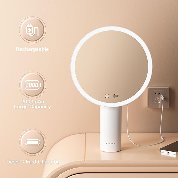 8.9" Lighted Makeup Mirror with 3 Colors, 1X/10X Touch Screen Magnifying Mirror with Light, Rechargeable Table Light up Mirror with Adjustable Stand, Brightness Dimmable Vanity Mirror