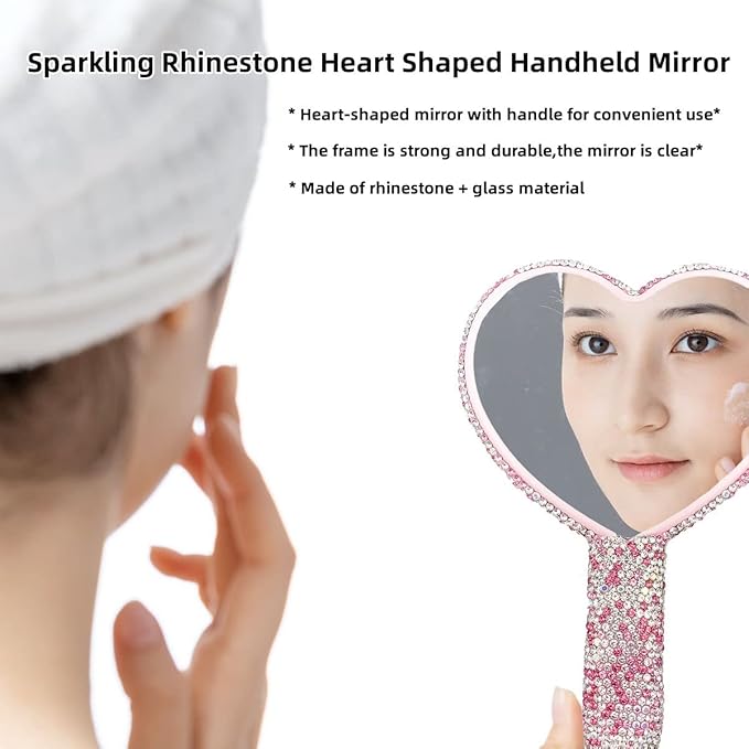 LOPURO Sparkling Rhinestone Heart Shaped Handheld Mirror, Rhinestone Handheld Heart Mirror Bling Glitter Cute Cosmetic Hand Mirror with Handle Portable Makeup Mirror for Women Travel