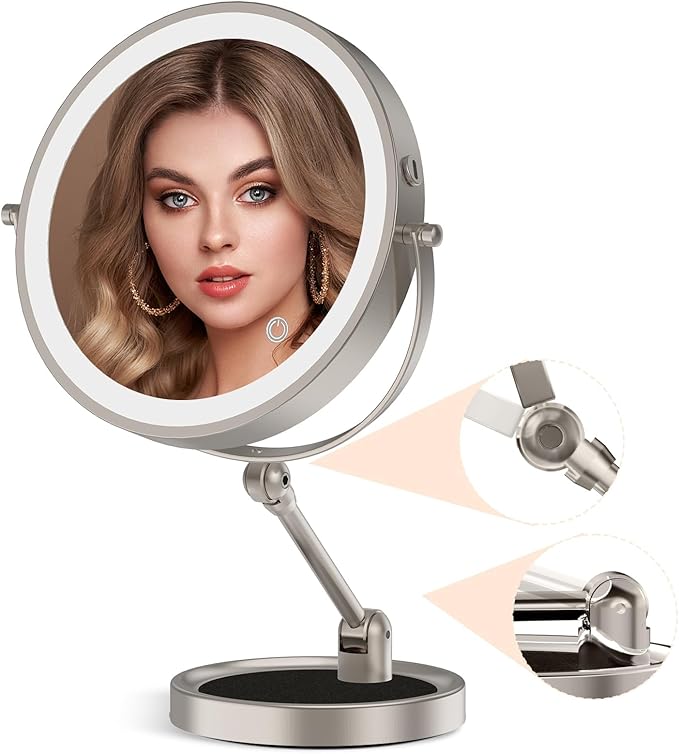 9" Large Lighted Makeup Mirror with 1X/10X Magnification, 4000mAh Rechargeable Vanity Mirror with Height Adjustable & 3 Color Dimmable Lights, 360°Swivel Double Sided Tabletop Cosmetic Mirror