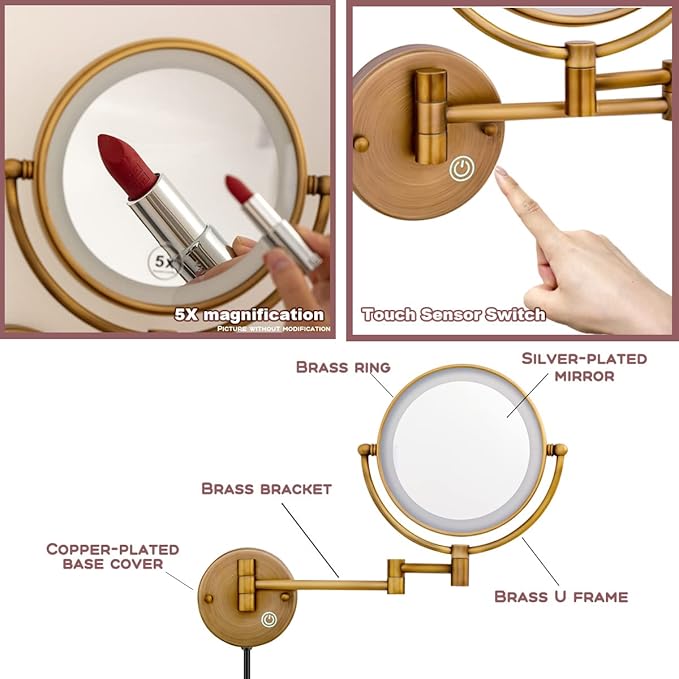 8" Brass Wall Mount Makeup Mirror with Lights, 1X/5X Double Sided Personal Mirrors for Bathroom with 360 Swivel Extendable, Antique Brass Indoor Arts Ware, Plug Powered
