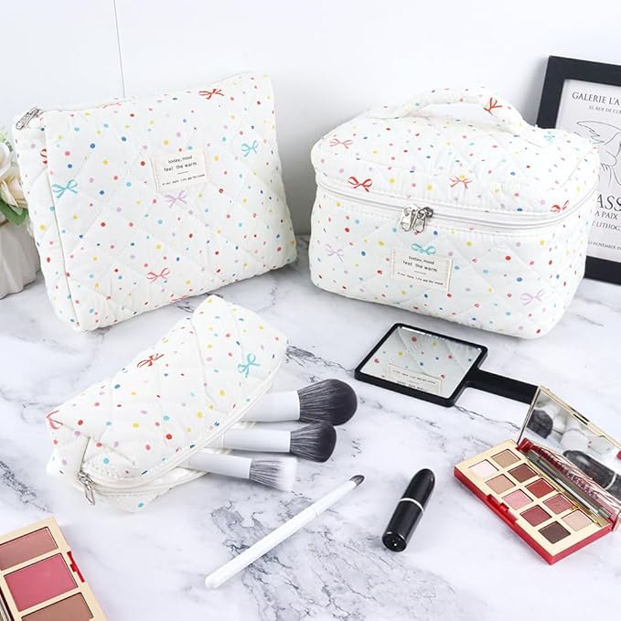 3Pcs Cotton Quilted Makeup Bag Set,Large Floral Cosmetic Bag，Aesthetic Toiletry Travel Makeup Bag Set and Cute Flower Bag for Women Girls (Apricot Colored Dot)