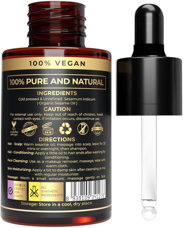 Premium Organic Sesame Oil - Cold Pressed, for Skin & Hair - Nutrient-Rich Sesame Seeds - Natural & Pure - Non-GMO, Vegan, Cruelty-Free, Hexane-Free - 1 fl oz