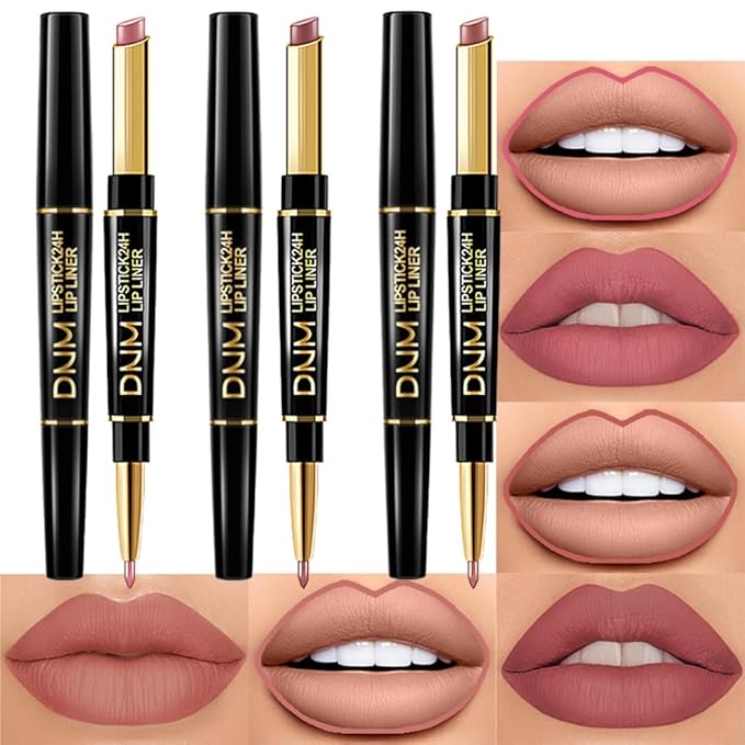 BINGBRUSH 2 IN 1 Lip Liner & Lipstick Makeup Set, Dark Red Matte Metallic Lipliner Set for Black Mature Women Waterproof Long Lasting Gift Set (3Pcs Set01-Matte:04#11#12#, 3Pcs)