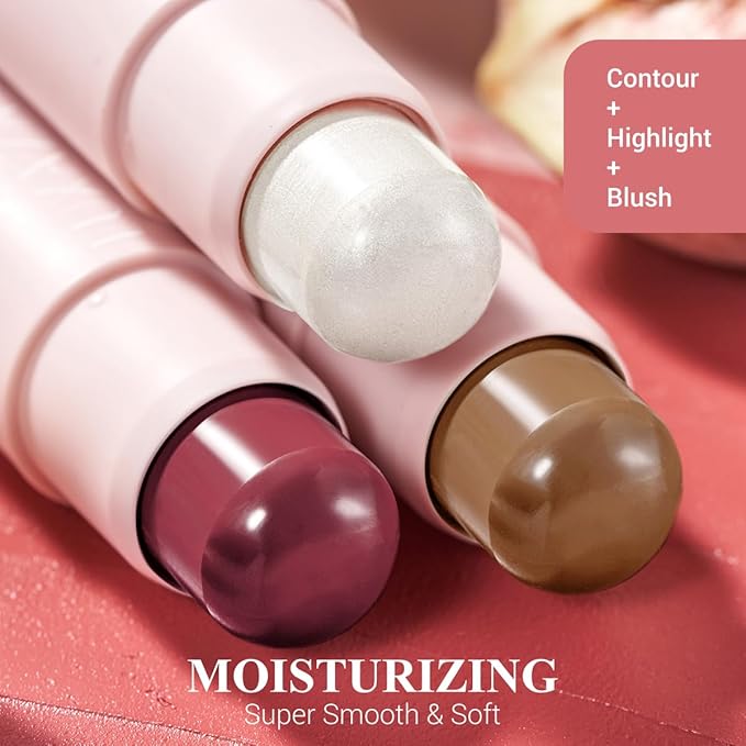 3PCS Cream Blush Contour Highlighter Bronzer Stick Makeup Set for Girls and Women #HCB6 Dark