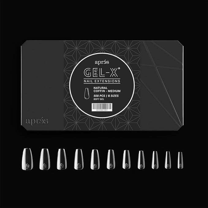 Apres Gel-X® Natural Coffin Medium Tip Box | 500pc Gel-X Tips, 11 Sizes 00-9, Premium Quality