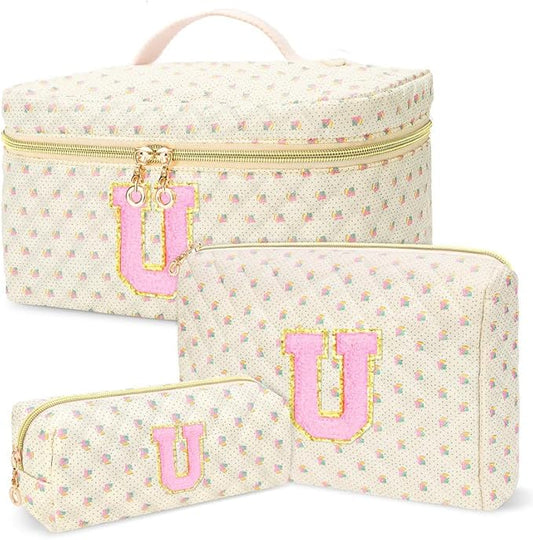 3 PCS Travel Makeup Bag Set, A-Z Initials Cotton Make up Bag Floral Quilted Cosmetic Bag for Girls and Women, Personalized Cute Toiletry Bag Travel Accessories Brushes Bag Yellow - U