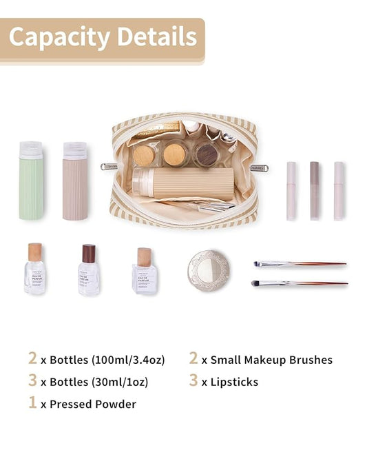 Narwey Small Striped Makeup Bag for Purse Mini Cosmetic Bag Travel Makeup Pouch Zipper Pouch Cute Make up Bags with Compartments for Women Girls (Brown Stripe, Small)