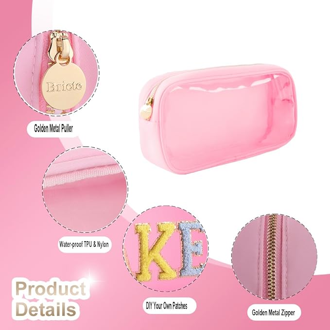 Medium Preppy Transparent Makeup Pouch Women Travel Clear TPU and Nylon Cosmetic Pouch (Medium, Pink)