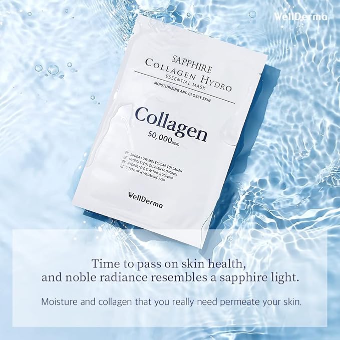 WELLDERMA Sapphire Collagen Hydro Essential Mask, 10 Sheets – Moisturizing & Soothing Sheet Mask with Collagen & Ceramide, 1.01 fl.oz (30mL) x 10ea