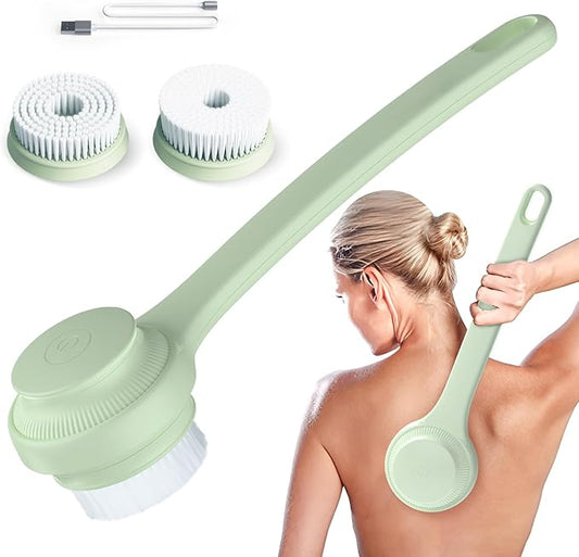Electric Body Brush Skin Cleaning Scrubber with Handle Exfoliating 2 Brush Heads and 2 Speed and IPX68 Water Resistant Detachable Rechargeable Drop Proof for Men and Woman(Green)