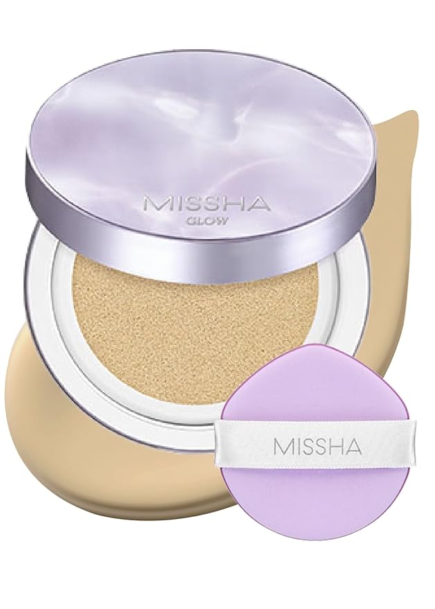MISSHA Serum Cushion Glow Layering Fit Cushion Foundation No.21 Vanilla Light Beige for Bright Skin, Korean Foundation Makeup, Rich-Texture, Full-Coverage, 24-Hr Hydrating, Triple Glow System