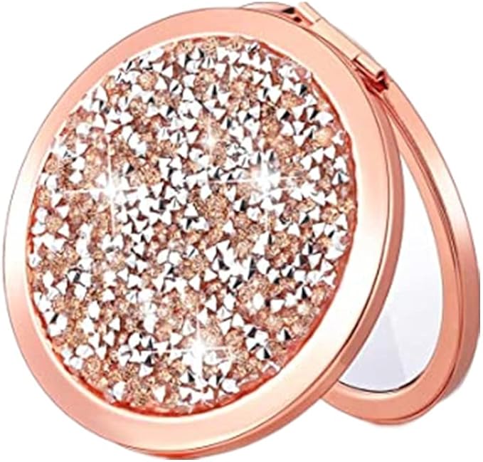 Magnifying Rose Gold Compact Mirror - Mix Diamond Mirrors 1x/2x Magnification Travel Makeup Mirrors,Double Sided Small Pocket Mirror,Folding Purse Mirror,Cosmetic Mirror for Gift