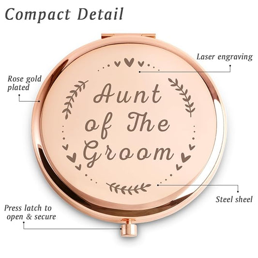 Aunt of The Groom Gifts, Personalized Engraved Compact Mirror, Best Presents for Bridal Shower, Wedding, Bachelorette Party