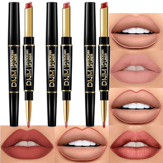 BINGBRUSH 2 IN 1 Lip Liner & Lipstick Makeup Set, Dark Red Matte Metallic Lipliner Set for Black Mature Women Waterproof Long Lasting Gift Set (3Pcs Set04:03#07#10#, 3Pcs)