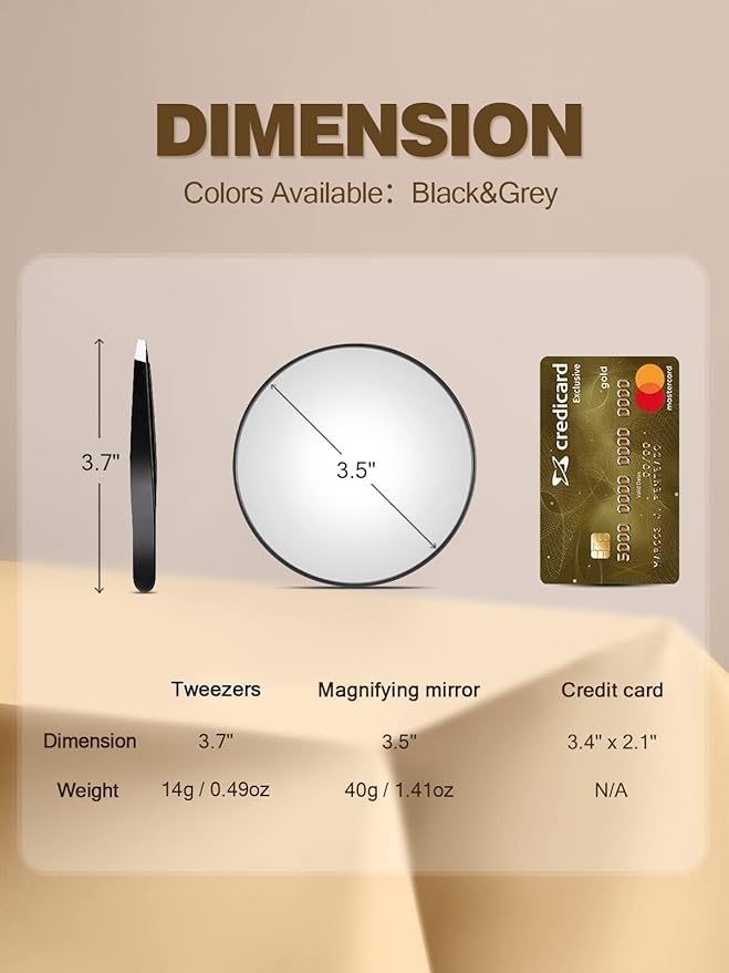 10X Magnifying Mirror with 2 Suction Cups, 3.5 inches Magnified Makeup Mirror and Slant Tweezers,Black,1PC