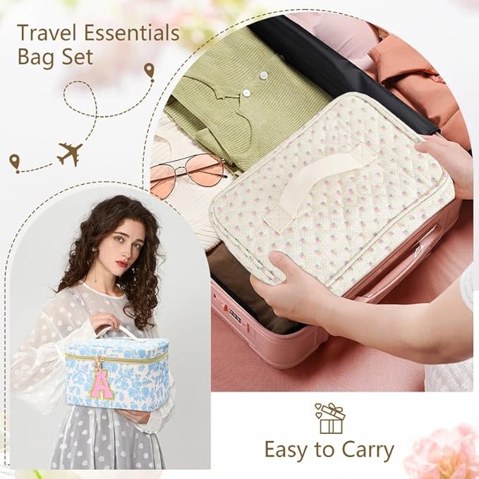 3 PCS Travel Makeup Bag Set, A-Z Initials Cotton Make up Bag Floral Quilted Cosmetic Bag for Girls and Women, Personalized Cute Toiletry Bag Travel Accessories Brushes Bag Flower - U