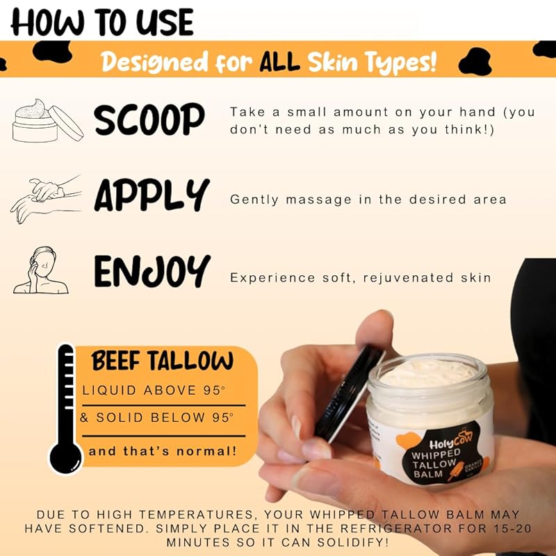Beef Tallow For Skin - Whipped Tallow Balm with Organic Jojoba Oil (Orange Vanilla), Grass Fed Beef Tallow Face Moisturizer for Eczema, Baby, Lip Balm - Lotion For Extremely Dry Skin