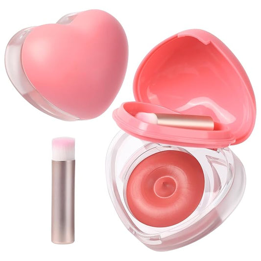 Heart-Shaped Cream Blush for Cheeks & Lips – 2-in-1 Tinted Lip and Cheek Balm Kit with Mini Brush – Blendable Dewy Blusher Makeup for Women, Portable Compact for Travel & On-the-Go Touch Ups 02
