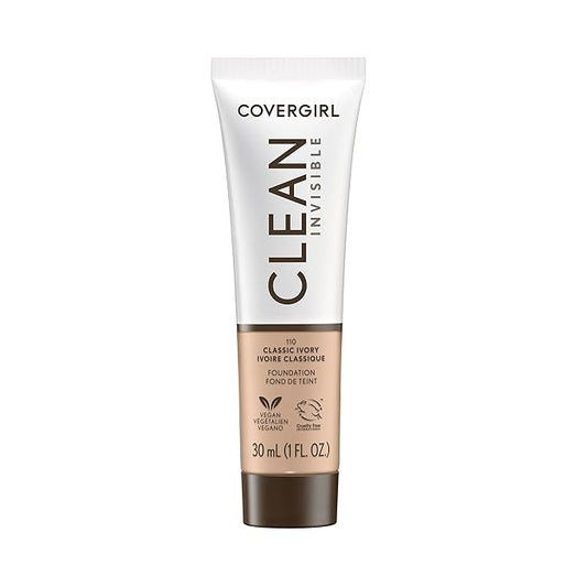 COVERGIRL Clean Invisible Foundation Makeup, Dewy & Glowy Natural Finish, Buildable Coverage, Skin-Like Smooth Look, Vegan, Classic Ivory, 1oz