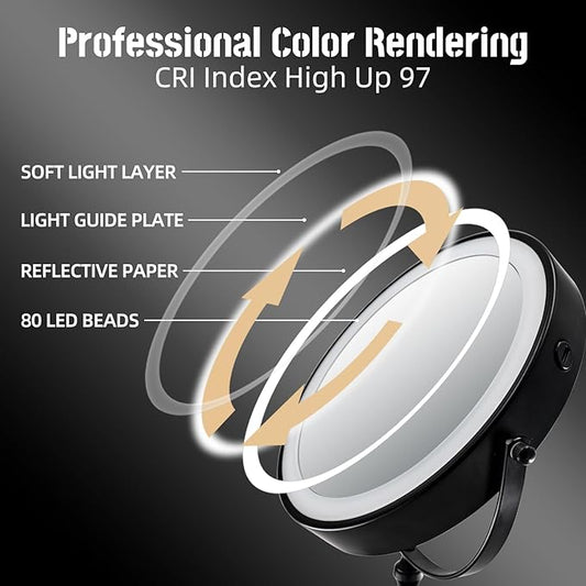 9 "Large Light Makeup Mirror, 1x / 10x True HD Magnifying Mirror, 3-Color LED Light dimmable, 2 Rechargeable Makeup Mirrors 360° Rotation, Standing Desk Makeup Mirror, Black